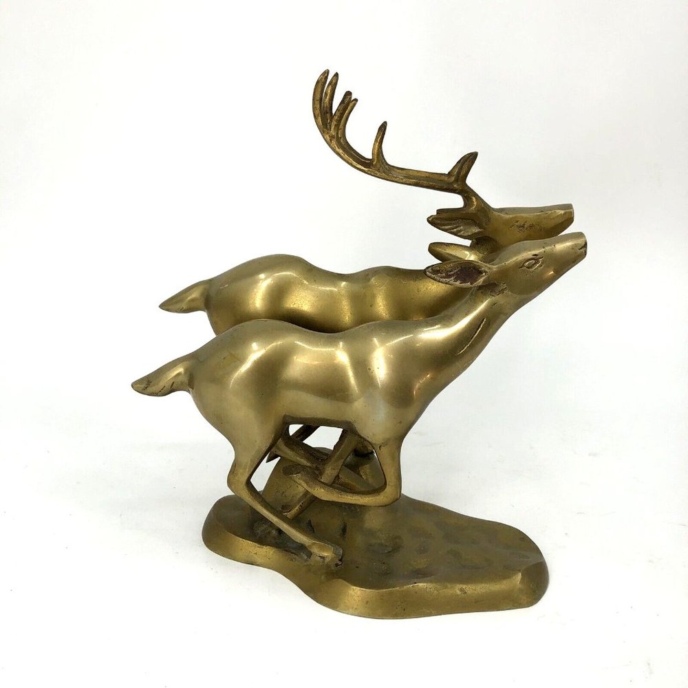 VTG Brass Running Deer Statue Figure Buck Doe Korea Lodge Hollywood Regency 10"